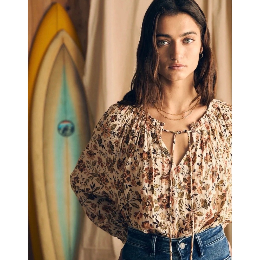 Faherty Emery Floral‎ relaxed ruffle crinkle blouse cottage core sz XS